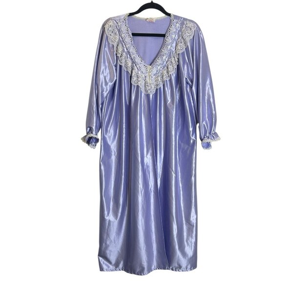 Queentex Vintage Purple Satin Lace Robe Women’s L Long Sleeve Bridal Housecoat - Picture 1 of 6